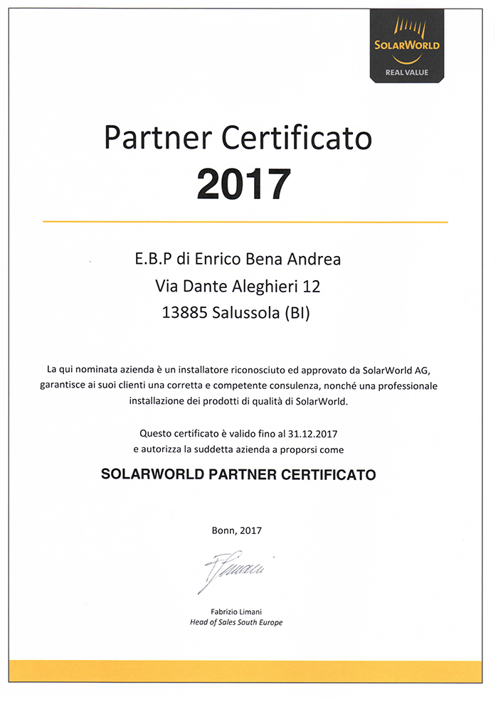 solar world partner certificato